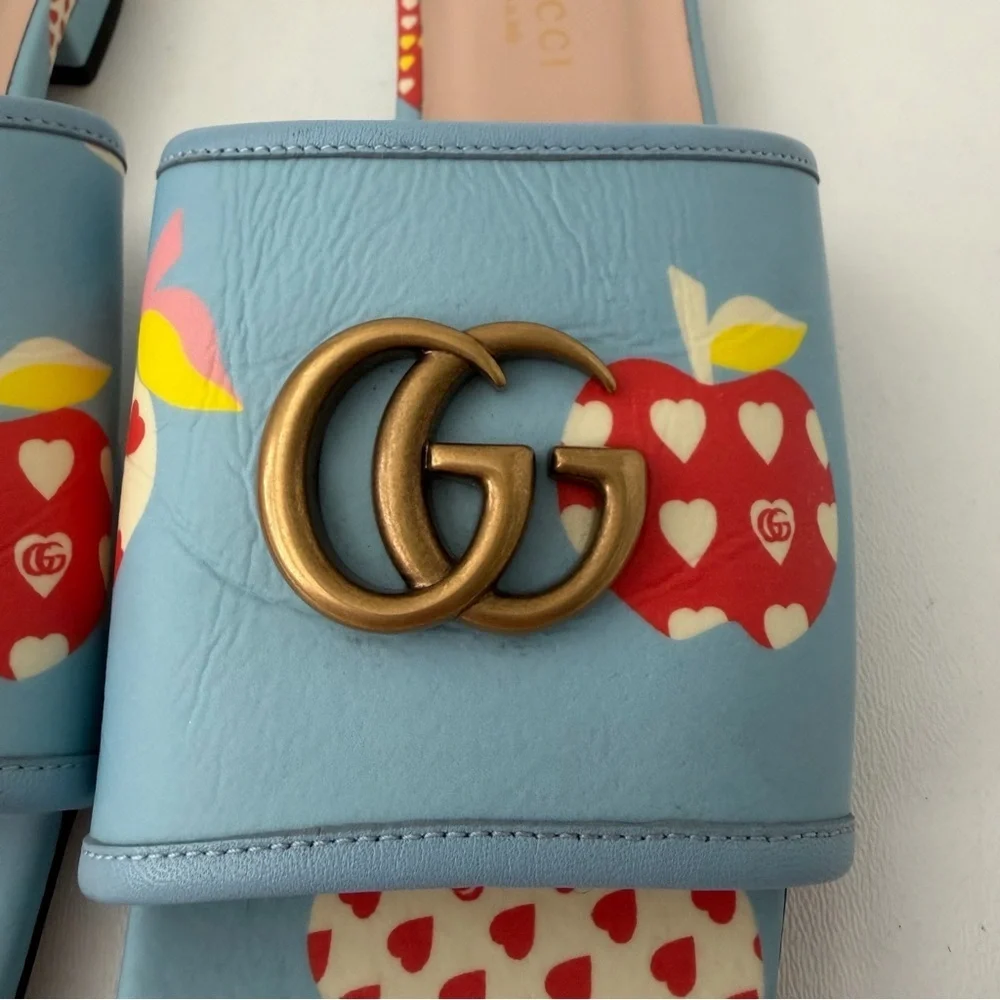 GUCCI || Blue Apple Print GG Marmont Slide Sandals Flats EU 37